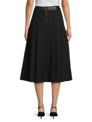 DKNY Pleated Faux-Leather Trim Midi-Skirt