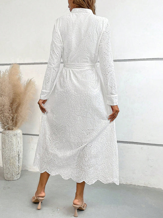 SHEIN LUNE Eyelet Embroidery Belted Shirt Dress