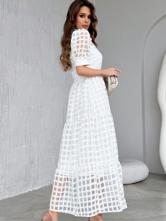 SHEIN Aloruh Buttoned V-Neck Short Sleeve Dress With Ruffle Hem