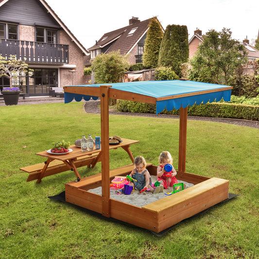 Walmart FUNTOK Wooden Sandbox for Kids, 76'' x 45'' x 45'' Sand Box with Cover & Picnic Table Foldable, Canopy Sandbox Outdoor, Ideal for Children Aged 2-6 for Lawn Garden Backyard Beach