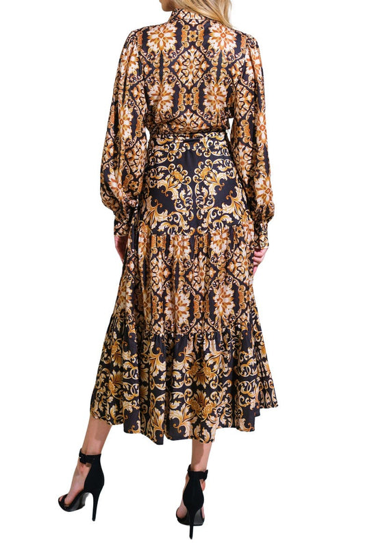 FLYING TOMATO Print Long Sleeve Tiered Midi Shirtdress