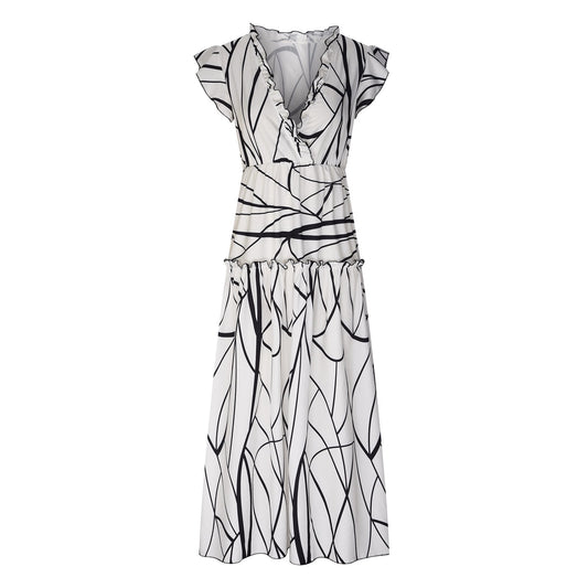 Walmart Cyber&Monday Deals Wycnly Womens Dresses Short Sleeve V-Neck Striped Print Casual Maxi Summer Dress High Waist Flowy Ruffle Swing Beach Sun Dresses White M