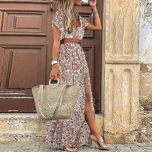 Walmart Rciityk Red Boho Dresses for Women 2024 Summer Casual V Neck Short Sleeve Vintage Print Maxi Dress Vacation Beach Bohemian Dress - Spring/Summer Savings Clearance