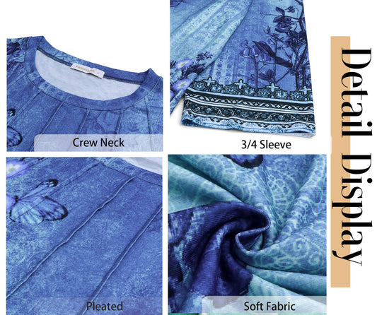 Walmart Fantaslook Womens Plus Size Tops 3/4 Sleeve Pleated Dressy Blouses Crew Neck Casual Tunic Tops Summer Shirts