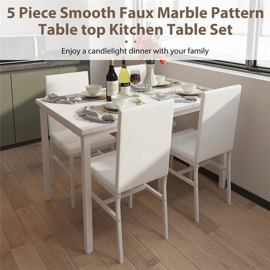 Walmart 5 Piece Dining Room Table Set, Modern Dining Table Sets with Beige PU Leather Chairs for 4, Faux Marble Pattern Rectangle Kitchen Table Set for Bar Living Room Breakfast Nook Small Space