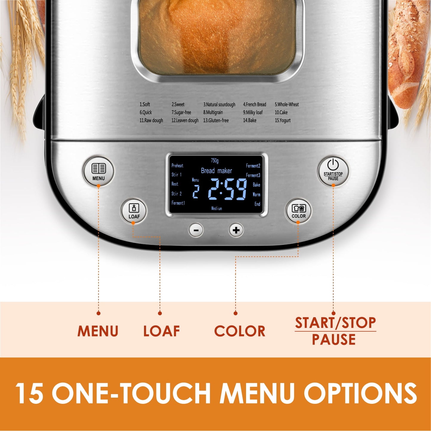 thumbnail image 3 of Kitchen in the box 15-in-1 Bread Machine, 2LB Stainless Steel Automatic Bread Maker with Recipes-Silver, 3 of 7