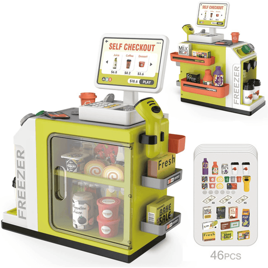 Walmart Adofi 46PCS Upgraded Cash Register Playset for Kids, Cashier Register Toy, Kids Pretend Play Cash Register Toys with Scanner, Shopping Cart, Calculator, Play Food, Toys for Girls 3 6 Years-Green