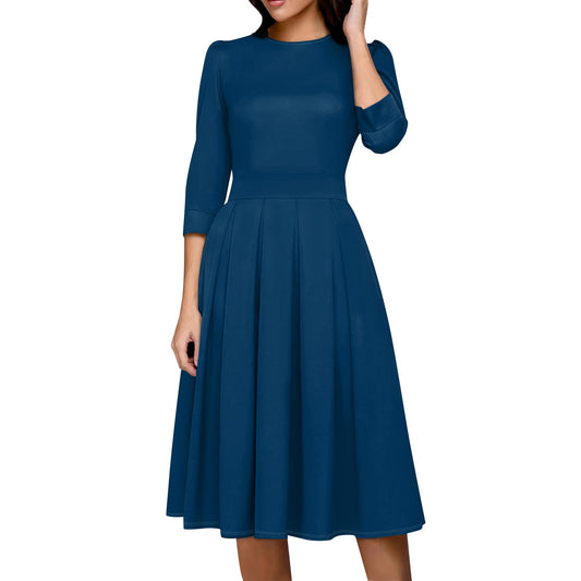Walmart LISTHA Vintage Midi Dresses for Women Modest 3/4 Sleeve Crew Neck Wrap Dress A Line Pleated Wedding Guest Dress with Pockets Dark Blue XL