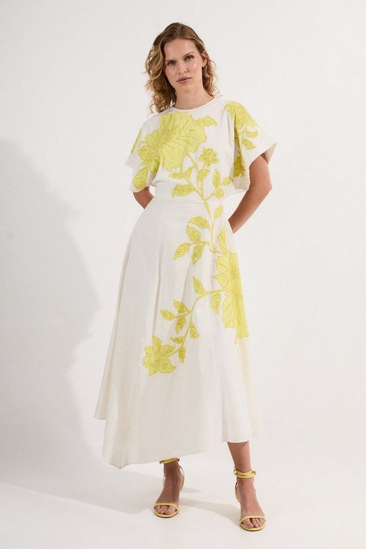 Applique And Beaded Linen Woven Midi Dress With Tie Back Detail