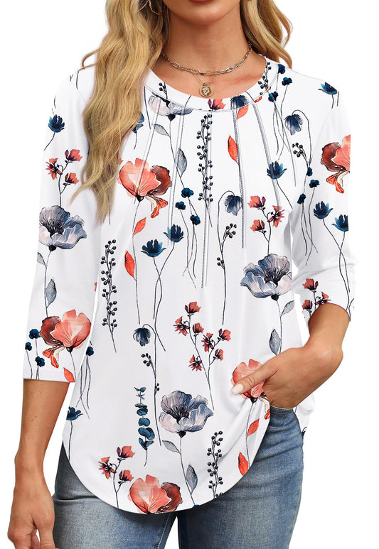 Walmart Fantaslook Womens Plus Size Tops 3/4 Sleeve Pleated Dressy Blouses Crew Neck Casual Tunic Tops Summer Shirts