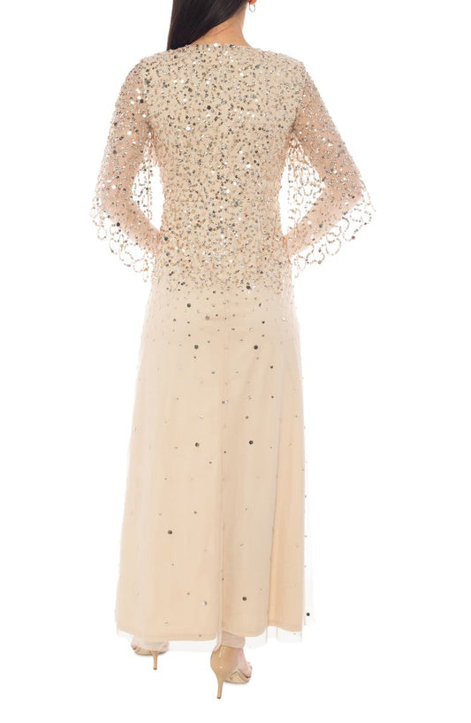 Oleg Cassini Sequin Flutter Sleeve Gown
