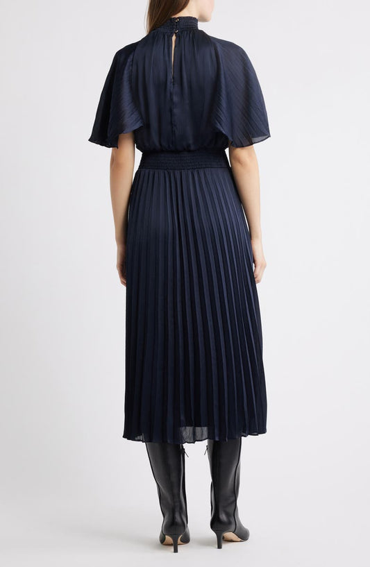 Flutter Sleeve Pleated Midi Dress