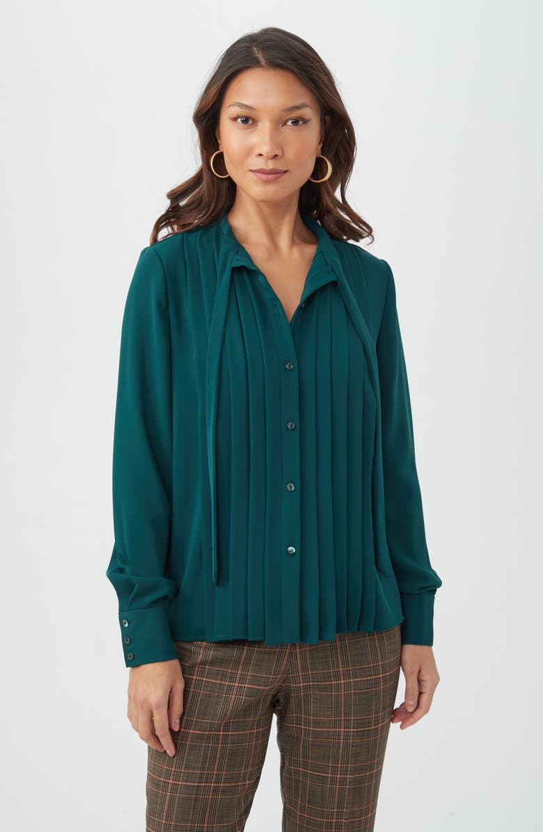 Trina Turk Adaeh Tie Neck Long Sleeve Button-Up Top