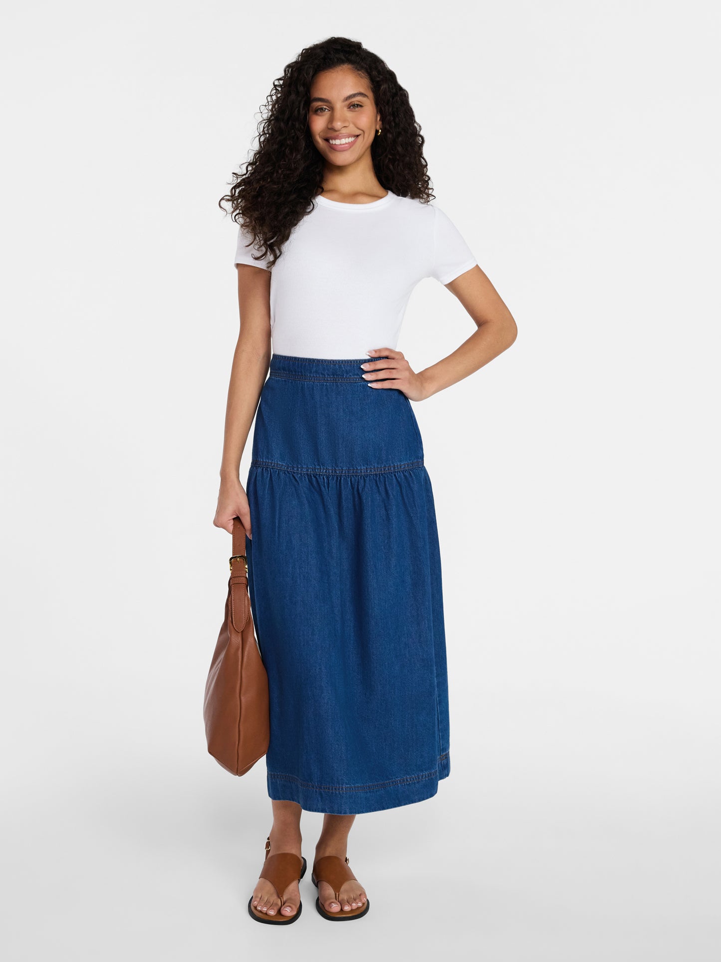 Walmart Time and Tru Women's Tiered Denim Midi Skirt, Sizes 0-20