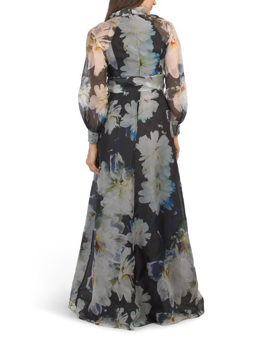 TERI JON Silk Organza Floral Printed Ruffle Neck Gown
