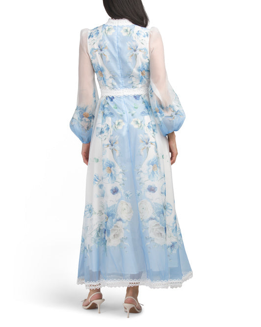 DALIA MACPHEE Balloon Sleeve Color Block Floral Maxi Dress With Lace Trim