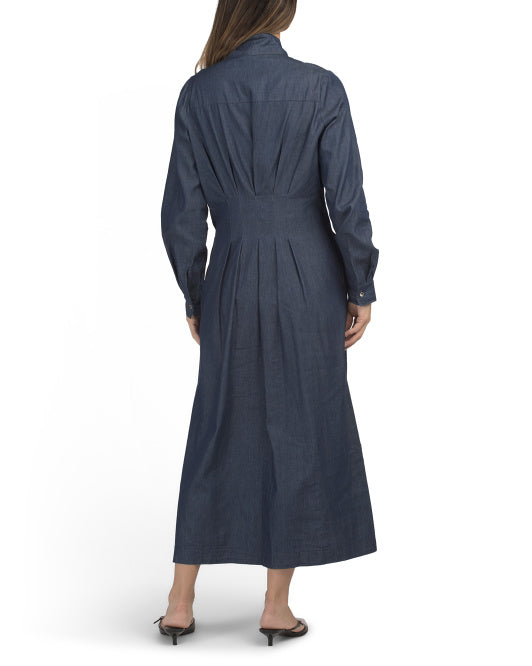LINEA MODA Long Sleeve Tie Neck Denim Maxi Dress With Pleated Waist