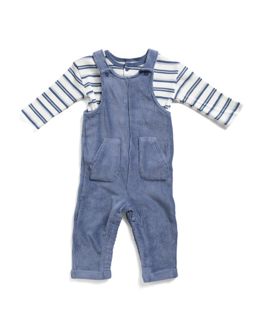 PETIT LEM BABY Infant Boys 2pc Striped Henley Neck Top And Overalls Set