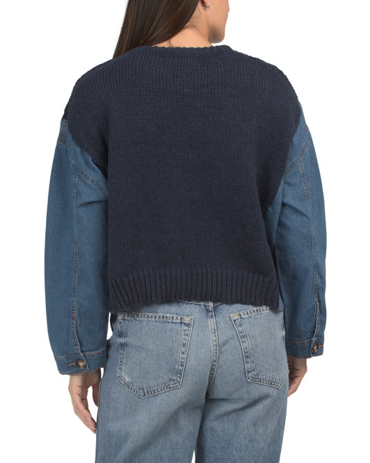 COCOBLEU Denim And Cable Knit Sweater