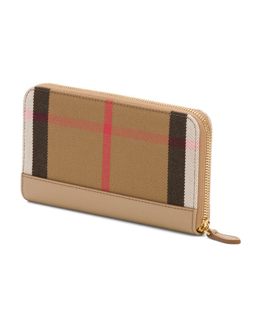 BURBERRY Made In Italy Canvas And Leather Large House Check Zip Around Wallet