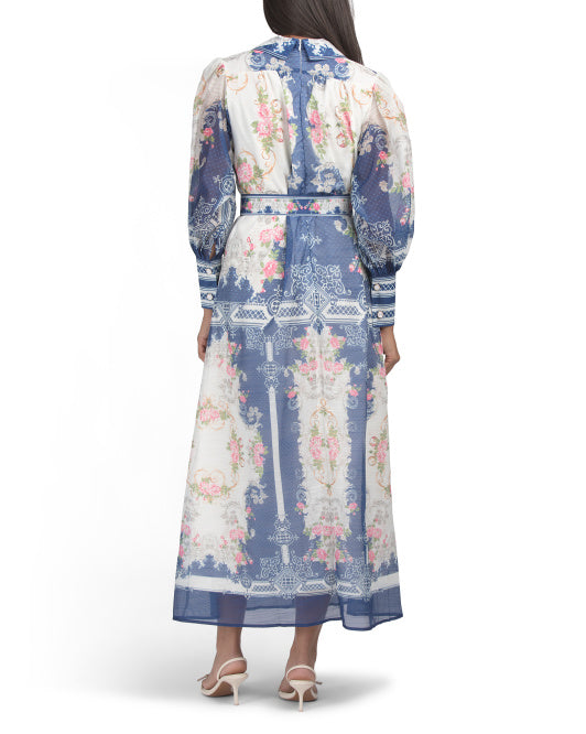 DALIA MACPHEE Long Sleeve Placed Print Maxi Dress