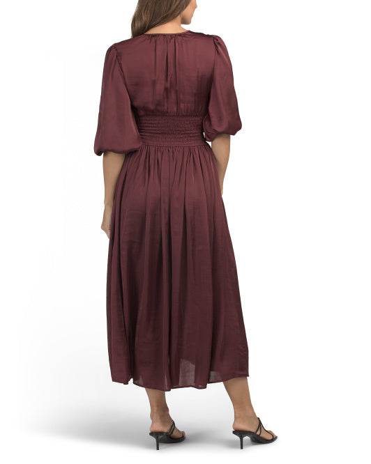 MAX STUDIO Three-quarter Sleeve Drapey Satin Maxi Dress