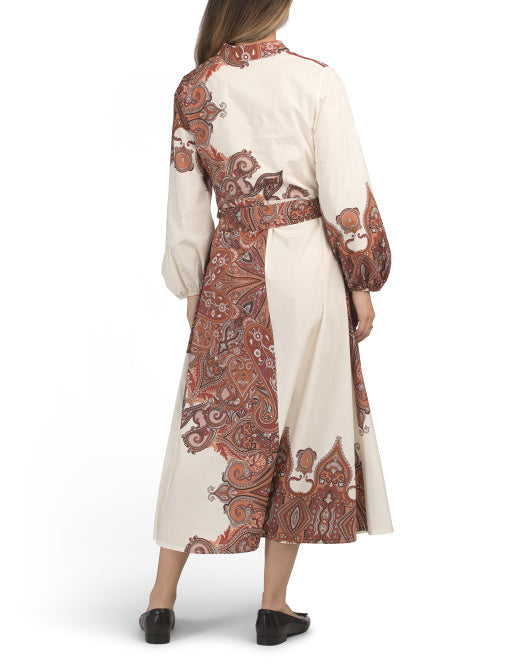 LE RAGAZZE Made In Italy Long Sleeve Bandana Print Maxi Shirt Dress