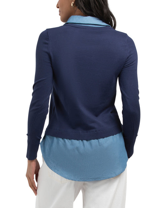 RIO & RIAN Shirt Collar Long Sleeve Twofer Sweater