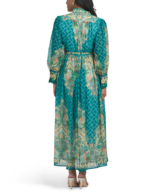 DALIA MACPHEE Deco Paisley Long Sleeve Maxi Dress With Border Detail