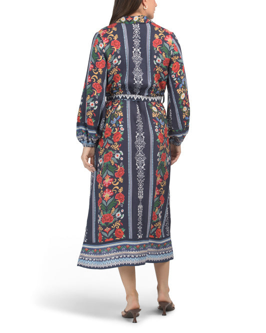 CELINA MOON Long Sleeve Floral Print Shirt Dress With Tie Belt