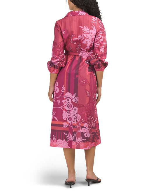 CELINA MOON Long Sleeve Floral Striped Midi Dress With Belt