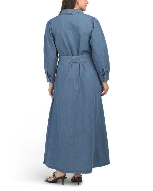 SOLITAIRE Long Sleeve Embroidered Denim Maxi Dress With Rope Belt