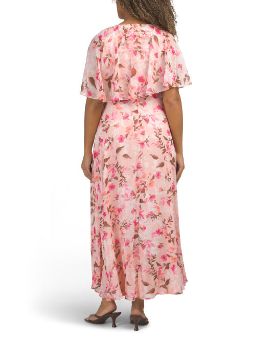 CALVIN KLEIN Chiffon Flutter Sleeve Maxi Dress