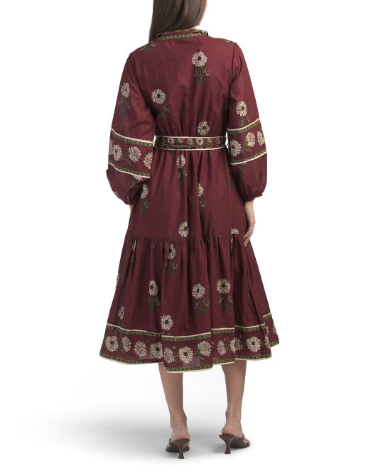 LEA Long Sleeve Floral Border Maxi Dress With Belt