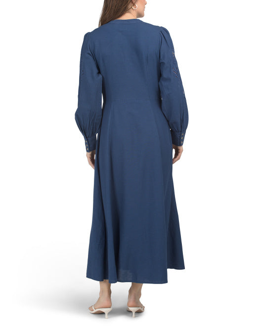 LEA Linen Blend Long Sleeve Embroidered Maxi Dress