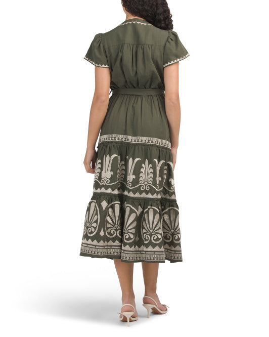 ELIE TAHARI Linen Blend Short Sleeve Tiered Maxi Dress With Belt