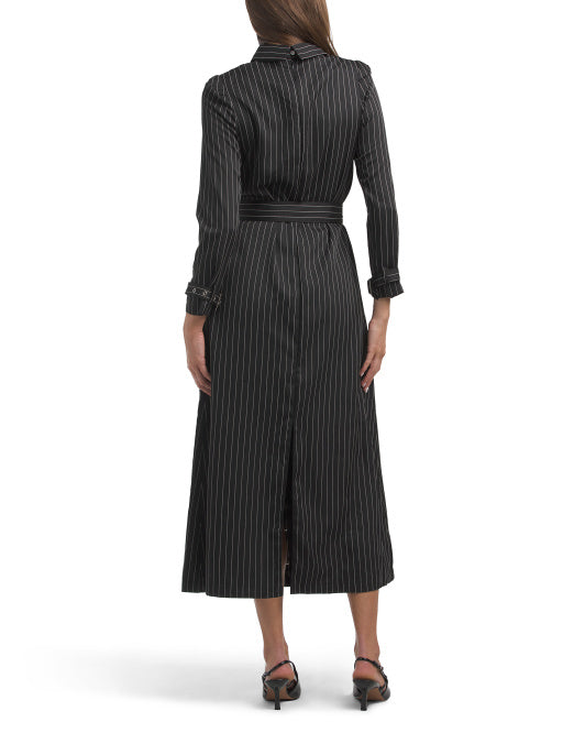 DALIA MACPHEE Pinstripe Long Sleeve Maxi Dress With Belt