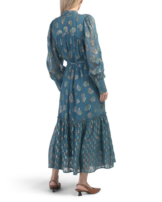 CIEBON Eryn Mixed Metallic Button Cuff Maxi Dress