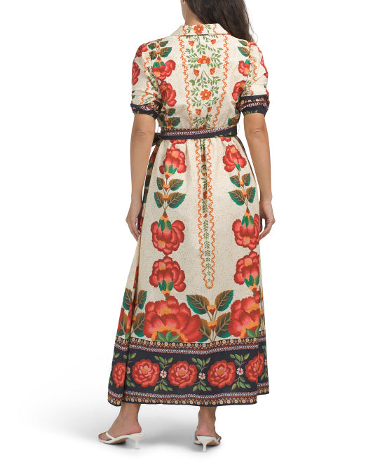CELINA MOON Short Sleeve Floral Maxi Dress With Belt