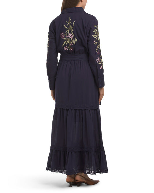 SOLITAIRE Long Sleeve Embroidered Floral Tiered Maxi Dress With Belt