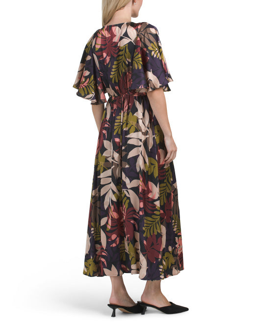 IN FEBRUARY Tropical Print Flutter Sleeve Satin Midi Dress