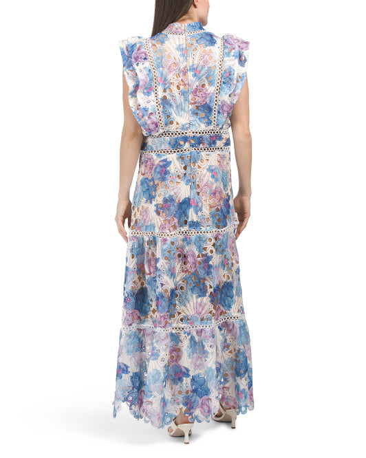 DALIA MACPHEE Printed Eyelet Ruffle Sleeve Maxi Dress