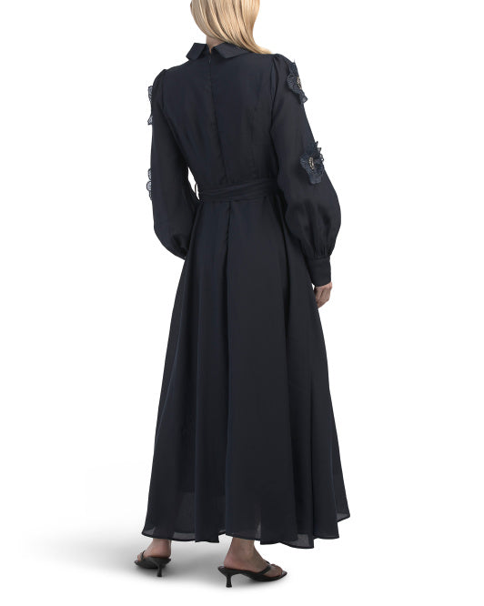 DALIA MACPHEE Long Sleeve Floral Applique Maxi Dress