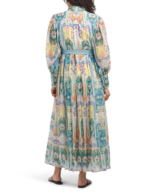 DALIA MACPHEE Long Sleeve Floral Maxi Dress With Belt