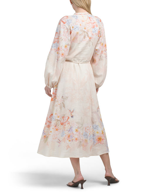 CALYPSO ST. BARTH Linen Blend Printed Long Sleeve Maxi Dress With Rope Belt