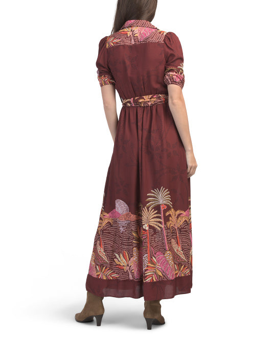 CELINA MOON Short Sleeve Safari Print Maxi Dress With Belt