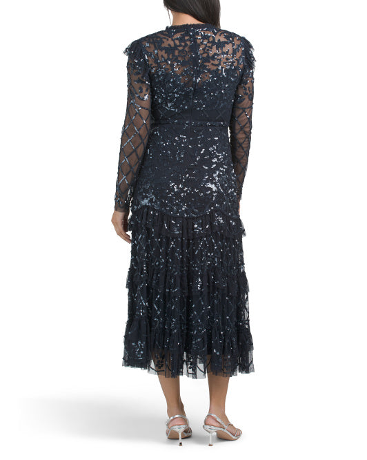 MAC DUGGAL Long Sleeve Beaded Tea Length Dress