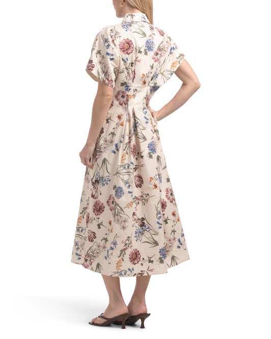 NICOLE MILLER Pin Tuck Waist Botanical Cotton Midi Dress