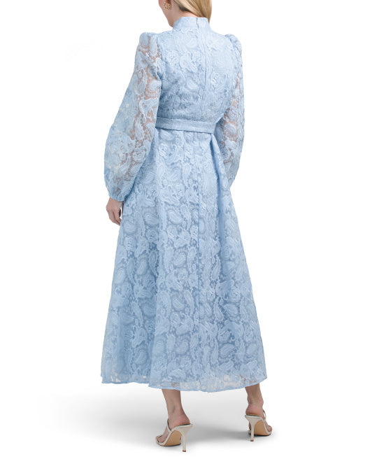 DALIA MACPHEE Long Sleeve Lace Maxi Dress With Belt