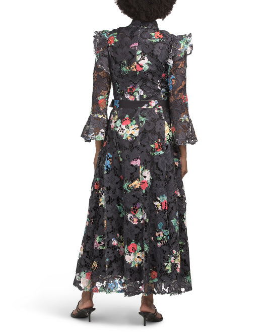 DALIA MACPHEE Long Sleeve Floral Lace Maxi Dress With Belt